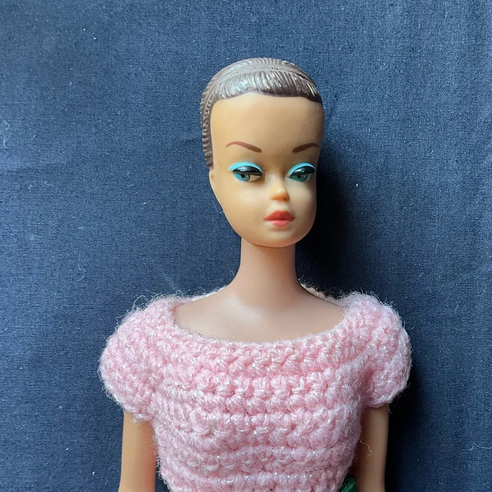 Vintage 1960s Barbie Doll in Homemade Pink Crochet Dress No Wigs Japan Foot